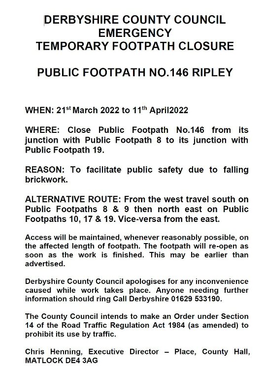 Emergency closure of Footpath 146 in Ripley