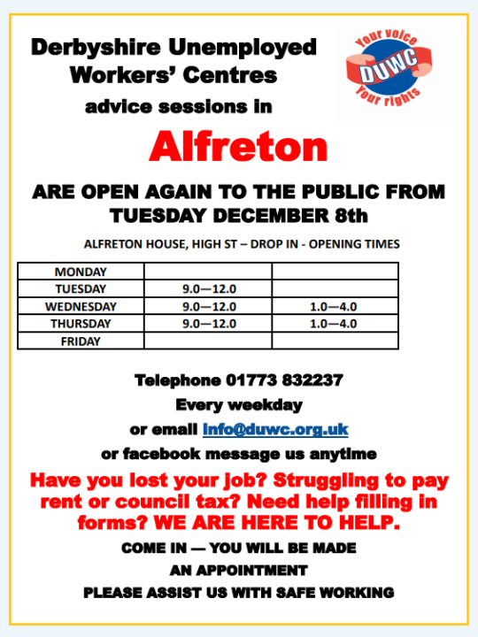 Derbyshire Unemployed Workers' Centres Advice Sessions